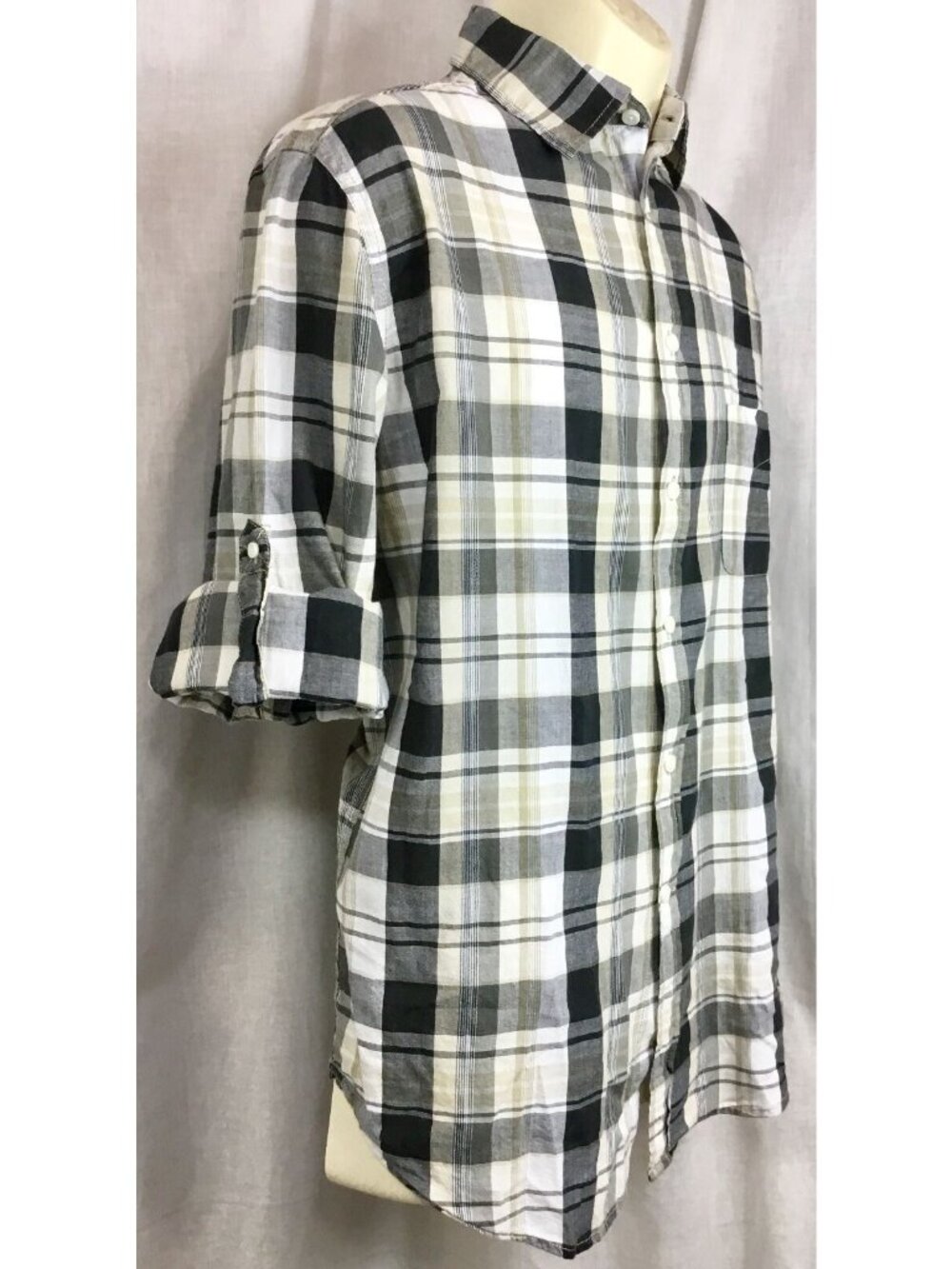 90 Grunge Button Down Shirt Mens L Neutral Gray Plaid Tailored Fit Cabincore VTG - Picture 7 of 12
